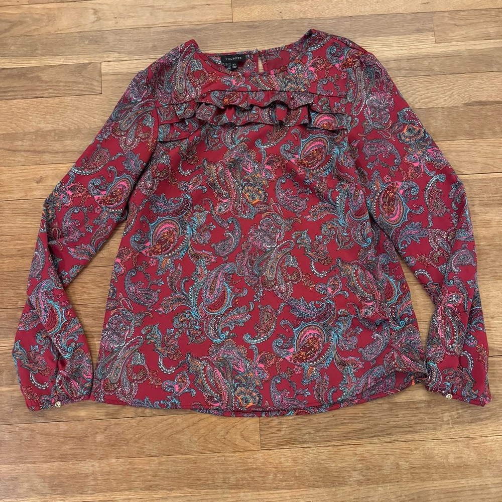 Talbots red blue pink orange paisley dressy blouse shirt top size XS
 b57